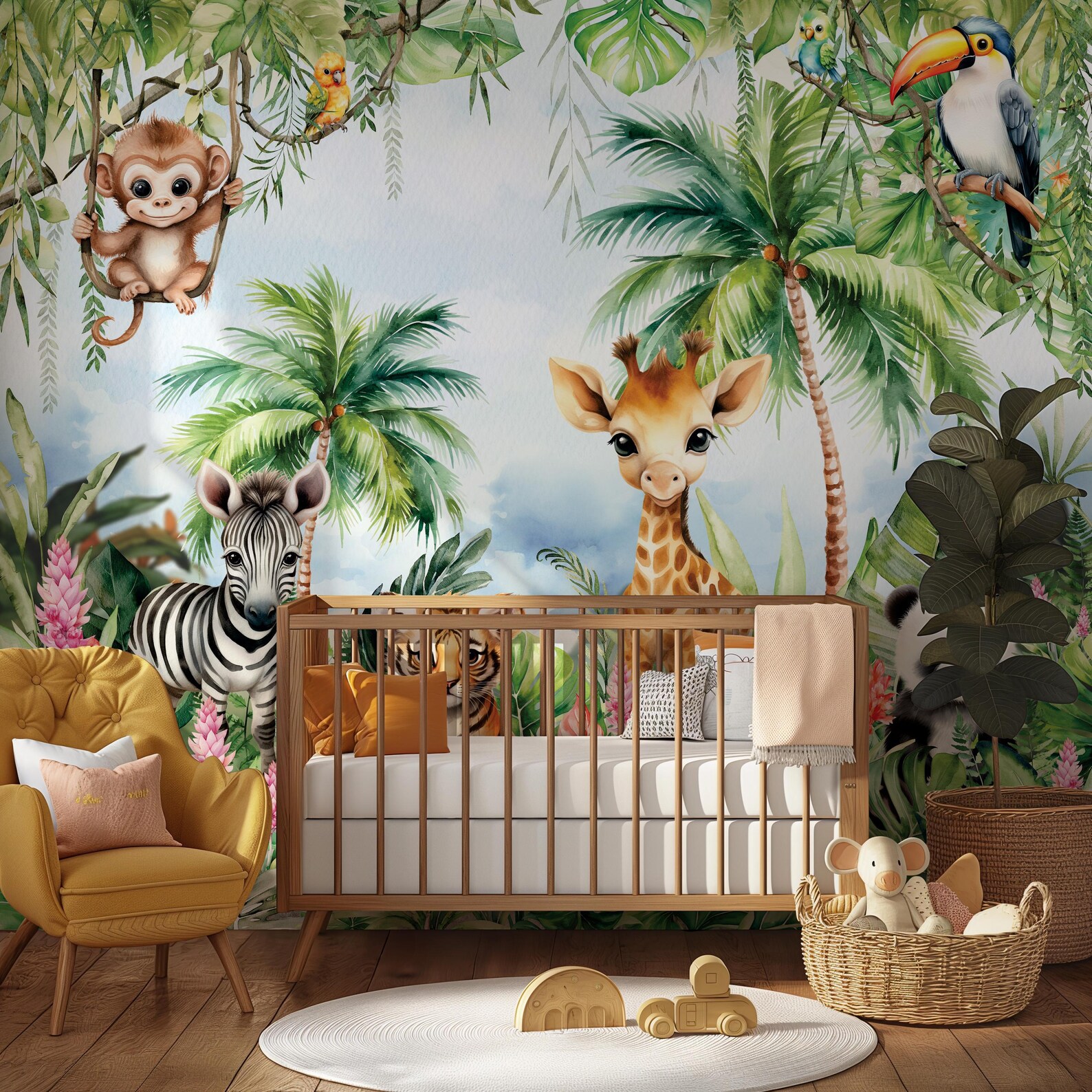 Safari Animals Nursery Wallpaper Palm Trees Wall Decor Watercolor ...