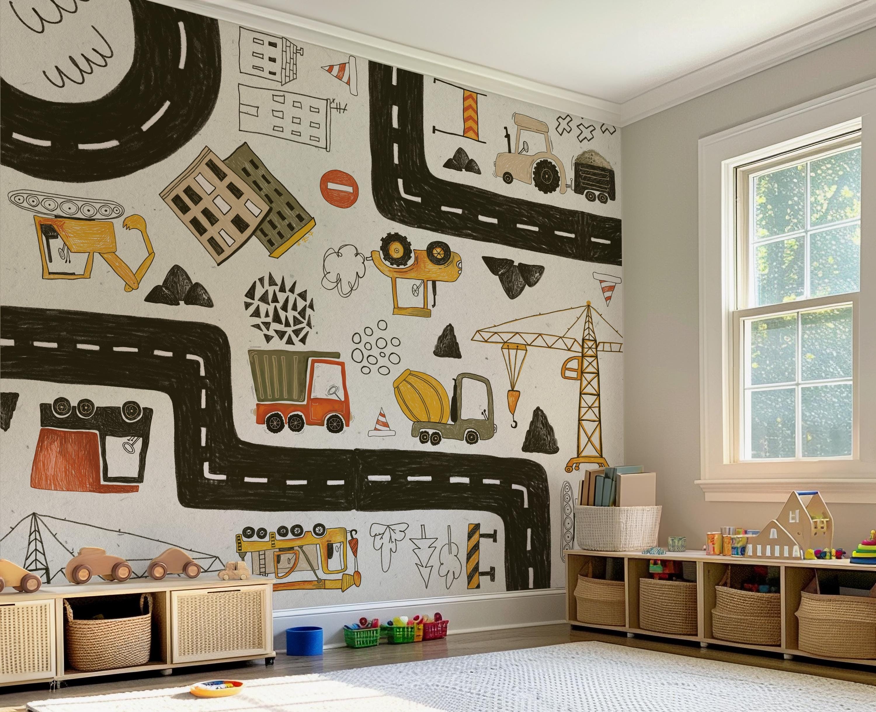 Construction Wallpaper for Boys Watercolor Trucks and Excavator