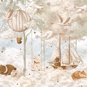 Op de afbeelding: Een grillige illustratie met een luchtballon, zwanen, een zeilboot en bosdieren. De sc&egrave;ne speelt zich af in een dromerige, met wolken gevulde lucht met sterren en bomen. Het kleurenpalet is zacht, met beige, bruine en lichtblauwe tinten.
