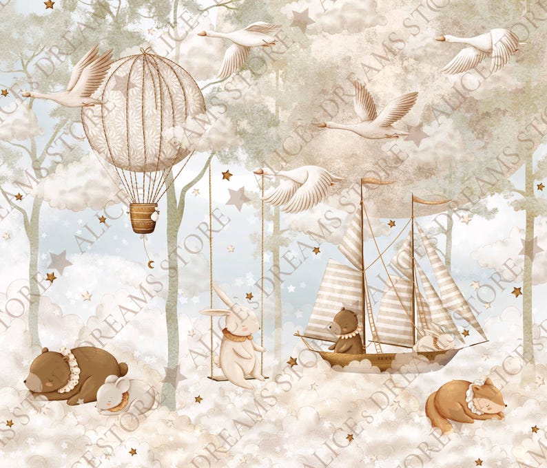 Op de afbeelding: Een grillige illustratie met een luchtballon, zwanen, een zeilboot en bosdieren. De sc&egrave;ne speelt zich af in een dromerige, met wolken gevulde lucht met sterren en bomen. Het kleurenpalet is zacht, met beige, bruine en lichtblauwe tinten.