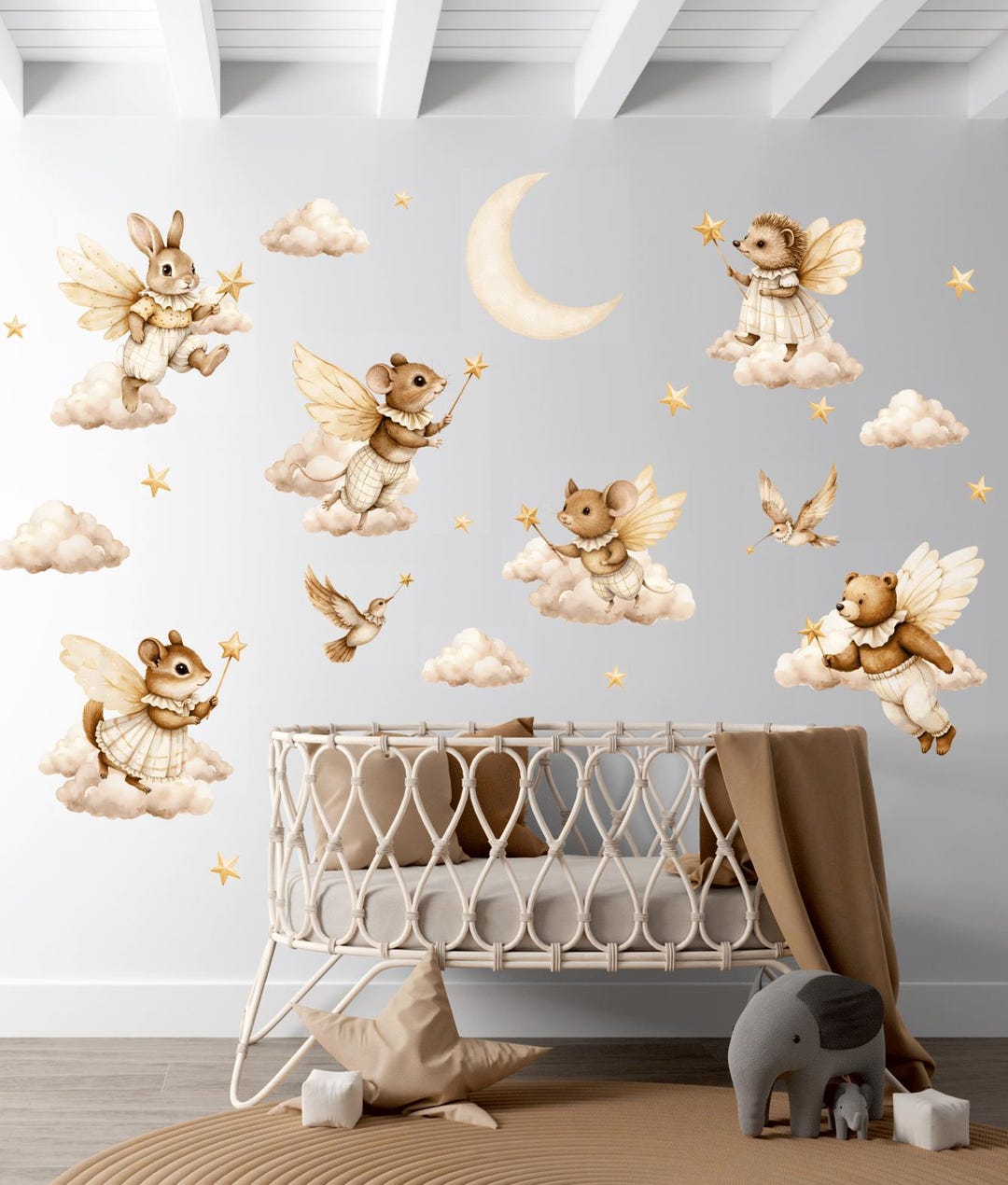 Woodland Nursery Wall Decal Flying Animal Fairy Wall Sticker Moon and ...