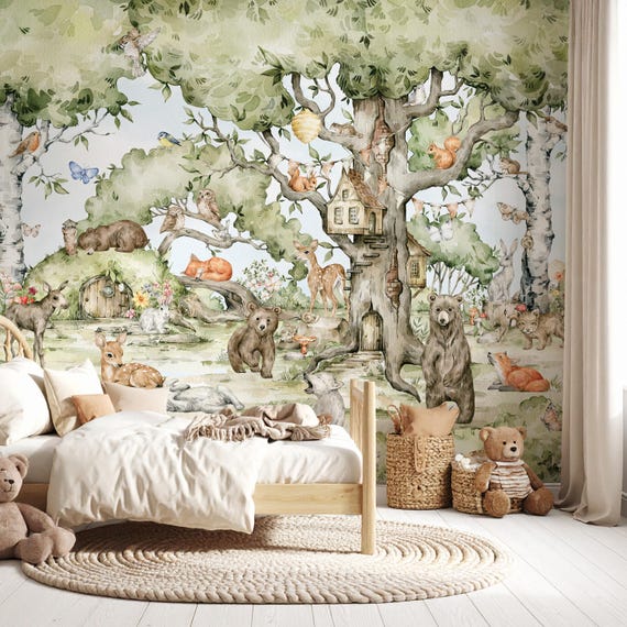 Forest Animals Nursery Wallpaper Woodland Wall Art Watercolor Trees Wild Animals Peel and Stick Kids Room Decor