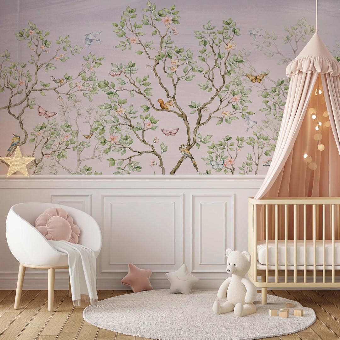 Chinoiserie Nursery Wallpaper Botanical Birds and Blossoms Woodland ...