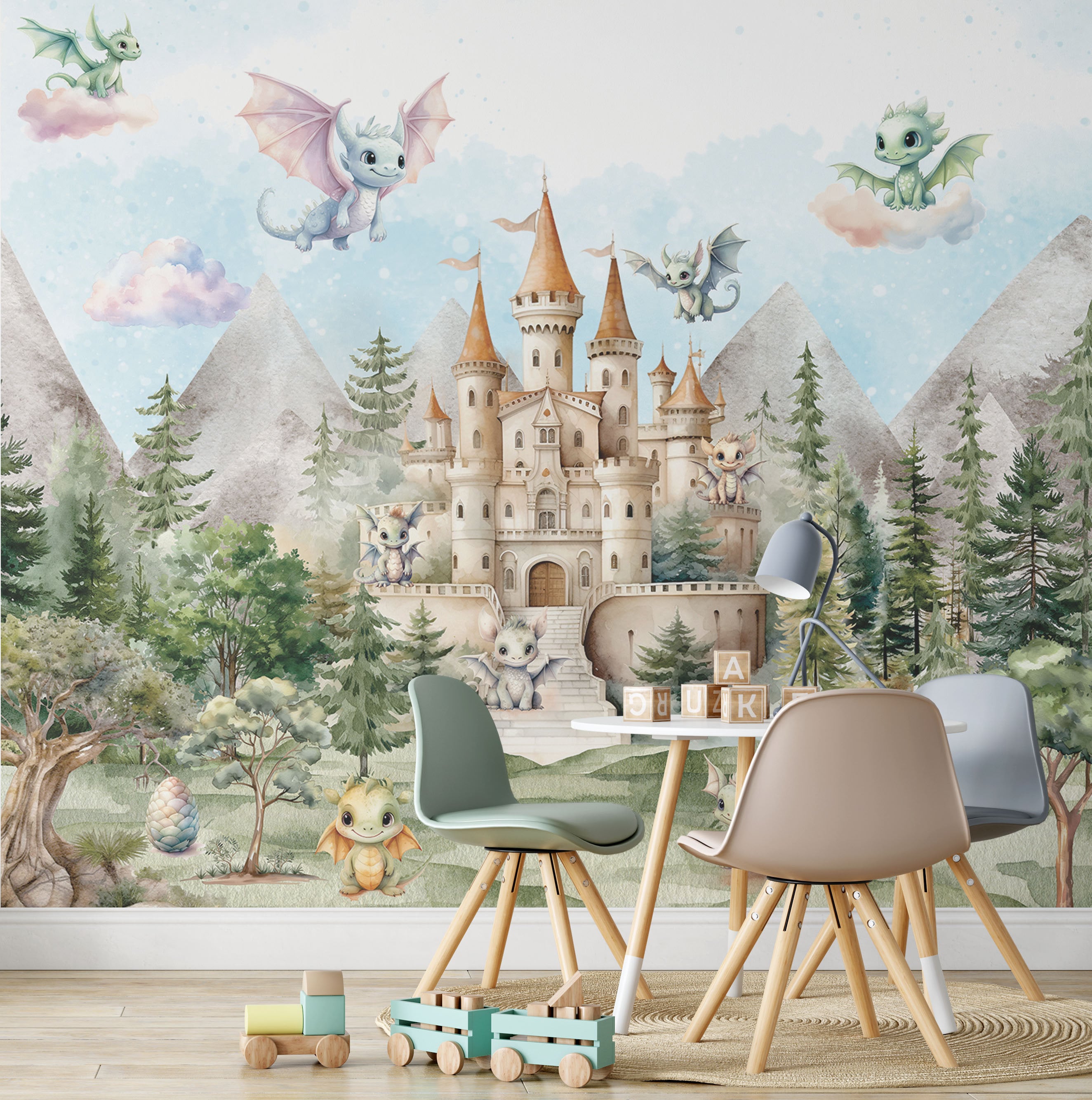 Dragon Nursery Wallpaper Fairy Castle Wall Art Sky and Clouds Forest ...