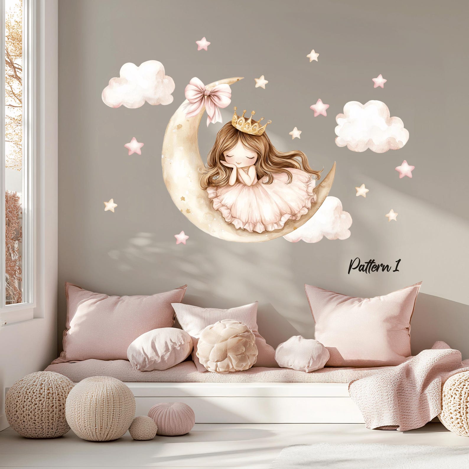 Princess and Unicorn Nursery Wall Decal Girl on Moon Wall Sticker Fairy ...