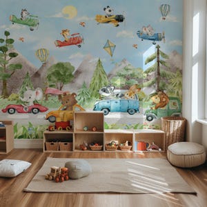 May include: A watercolor mural featuring a blue sky with clouds, hot air balloons, and animals driving cars. The animals include a raccoon, a lion, an elephant, a bear, and a rabbit. The mural is painted on a wall in a room with a wooden shelf and a rug.