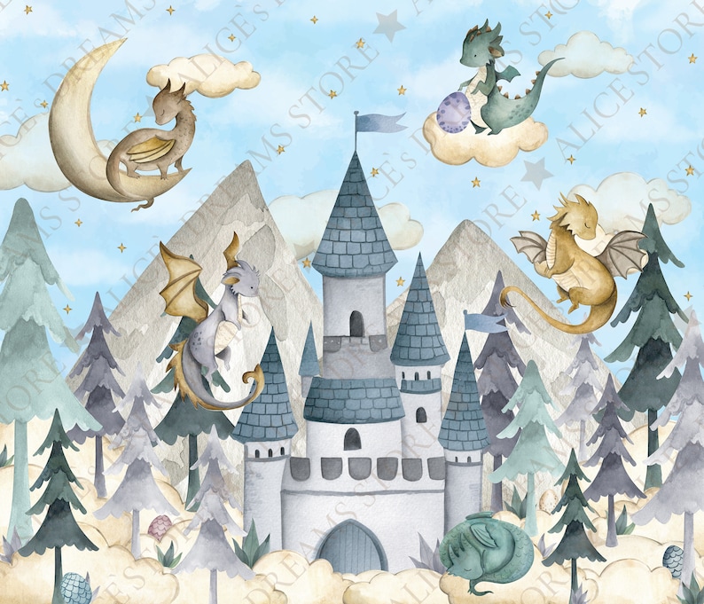 Dragon Nursery Wallpaper Fairy Castle Wall Art Sky and Clouds Forest ...