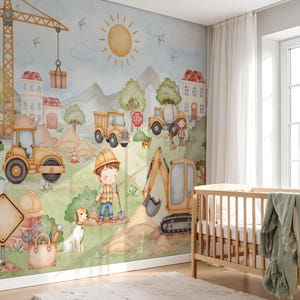Papier peint pour chambre d'enfant, construction, camions, grues, pelles, art mural, chambre de garçons, décoration murale amovible pour enfants