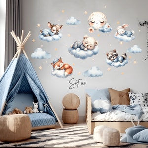 Sleeping safari animals, Nursery wall decal, Wild watercolor animal stickers, Cute jungle animal decor, Clouds