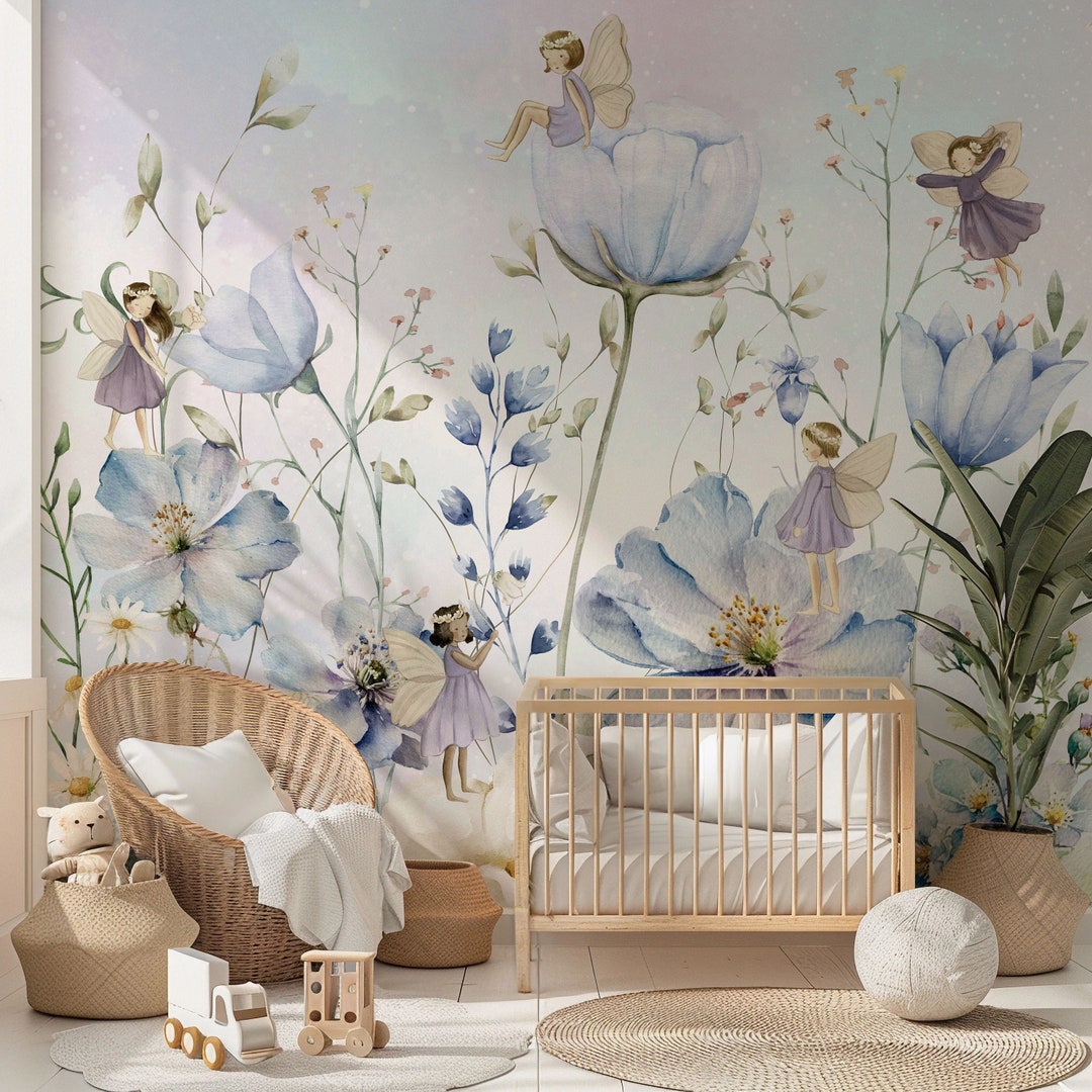 Fairy Nursery Wallpaper Watercolor Floral Wall Mural Peel and Stick ...