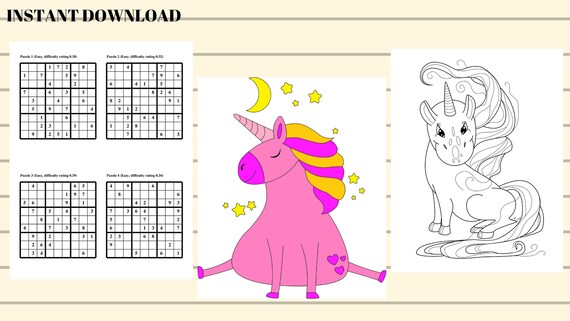 Download 100 Easy Sudoku Puzzles Plus 4 Coloring Unicorn Sheets And 1 Etsy