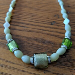 Light Green Beaded Necklace: Glass & Diamond Accents, 7.5&quot;