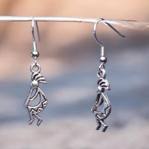 Kokopelli Dangle Earrings | Silver Plated Southwestern Earrings | Lightweight Boho Native Flute Earrings | Stainless Steel Hooks