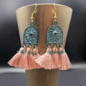 Pink and Mykonos Green/Blue Tassel Earrings - Gold Hooks - Colorful and Hypoallergenic Jewelry