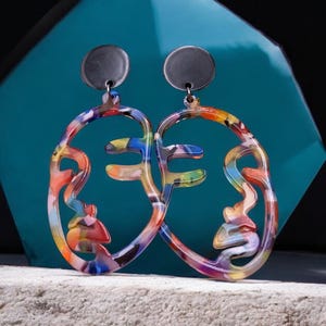 Multicolor Abstract Face Earrings | Rainbow Acetate Face Dangle Earrings | Ultralightweight | Stainless Steel Stud Posts