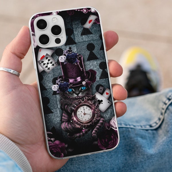 Steampunk Phone Case, Cheshire Cat cover fit for iPhone 15 Pro Max, 14, 13, 12, 11, SE, XR, 8+, Samsung S24, S23, S22 Fe,  A14, A54, Pixel 7