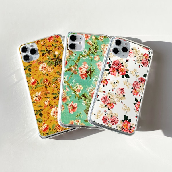 Vintage Phone Case Floral Cover fit for iPhone 15 Pro Max, 14, 13, 12, 11, XR, XS, 8+, Samsung S24, S23, S22 Fe, A14, A15, A53, A32