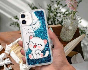 Kawaii Phone Case, Liquid Glitter, Cute Cat Cover fit for iPhone 15 14 13 12 11 Pro max Xs Xr 8 7 6 SE plus Liquid Glitter