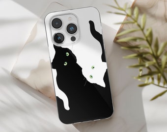 Cat Phone Case Yin Yang Black cover fit for iPhone 15 Pro Max, 14, 13, 12, 11, SE, XR, 8+, Samsung S24, S23, S22 Fe,  A14, A54, Pixel 7,  6