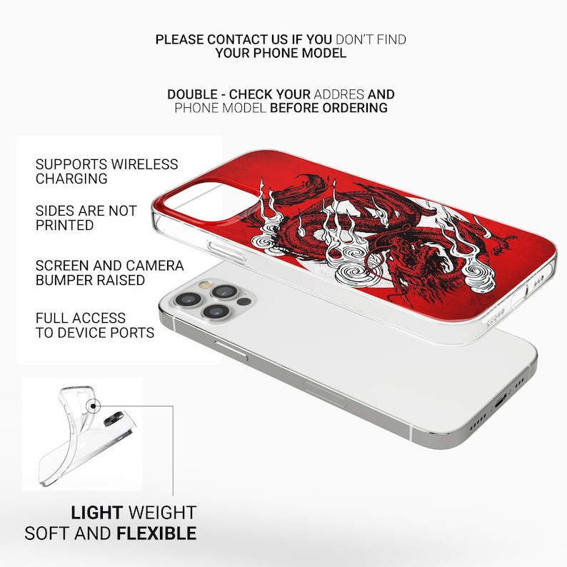 Pu&ograve; includere: Una custodia per telefono trasparente con un design a drago rosso e bianco. La custodia &egrave; compatibile con la ricarica wireless e ha un paraurti rialzato per proteggere lo schermo e la fotocamera. La custodia &egrave; anche leggera e flessibile.