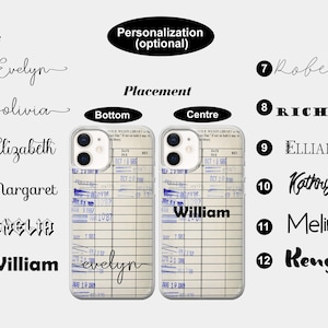 May include: Two clear phone cases with a vintage library card design. The cases have a white background with blue lines and text. The text on the cases reads "Evelyn" and "William".
