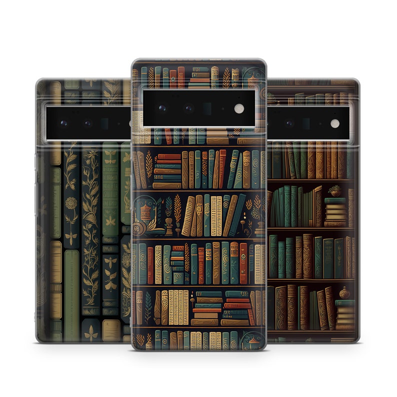 May include: Three phone cases with a bookshelf design. The cases feature a variety of book spines in shades of brown, green, and gold. The design gives the appearance of a library or study, with detailed illustrations of books and decorative elements.