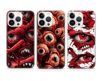 Horror telefoonhoes Gore Eye & Teeth Griezelige hoes geschikt voor iPhone 17 16 15 14 13 12 Pro Max Xr Xs, Google Pixel 10 Pro XL 9 8 7 6, Samsung S25