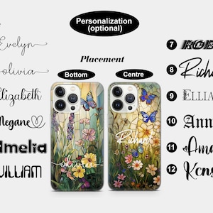 May include: Two phone cases with a floral and butterfly design. One case has the name "Olivia" at the bottom, and the other has the name "Richard" in the center. The cases are customizable with different fonts and names.