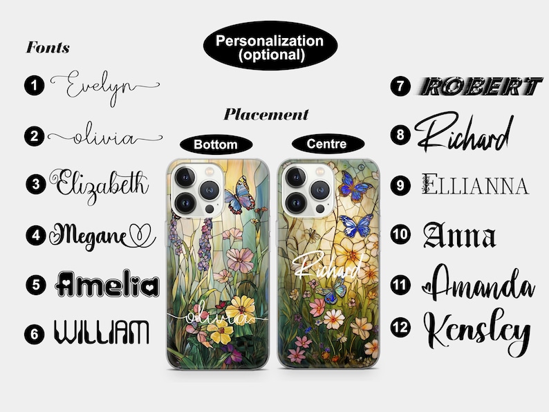 May include: Two phone cases with a floral and butterfly design. One case has the name "Olivia" at the bottom, and the other has the name "Richard" in the center. The cases are customizable with different fonts and names.
