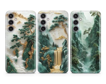 Funda japonesa para teléfono con diseño de montañas y cascada dorada, compatible con Samsung S26 S25 S24 S23 S22 Plus Ultra FE S10 Galaxy Note 20 A16 A17 A57 A56 A16
