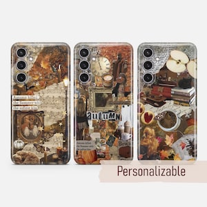 May include: Three phone cases with autumn-themed collages. The designs feature vintage elements like clocks, candles, and handwritten text. One case has the text "Autumn killed the Summer with the softest kiss." The cases are labeled "Personalizable."