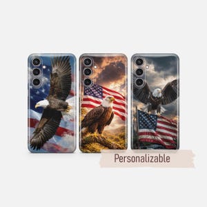 May include: Three phone cases featuring bald eagles and American flags. The left case shows an eagle in flight, the center shows an eagle perched on a branch, and the right shows an eagle above a flag on a pole. The text "Personalizable" is below.
