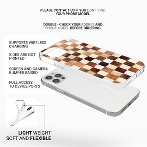May include: A clear phone case with a brown and tan checkered pattern. The case is shown over a white phone, with text indicating it supports wireless charging, has a screen and camera bumper, and full access to device ports. The case is light weight and flexible.