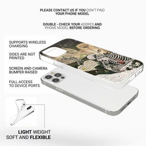 May include: A clear phone case with a graphic design featuring a skeleton holding a rose and a heart. The case is compatible with wireless charging and has a raised bumper to protect the screen and camera. The case is lightweight and flexible.