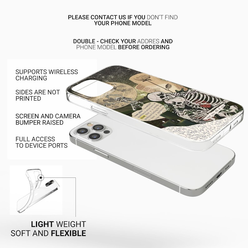 May include: A clear phone case with a graphic design featuring a skeleton holding a rose and a heart. The case is compatible with wireless charging and has a raised bumper to protect the screen and camera. The case is lightweight and flexible.