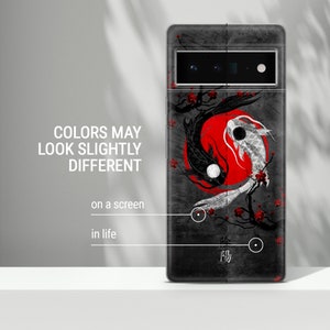 May include: Black and white koi fish swimming around a red circle on a gray background. The background has a textured look. The phone case has a black border and a camera cutout.