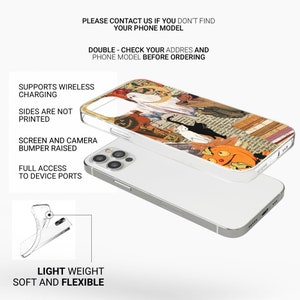 May include: A clear phone case with a Halloween-themed design featuring a collage of images including a ghost, a cat, a pumpkin, and vintage book pages. The case is compatible with wireless charging and has raised edges to protect the screen and camera.