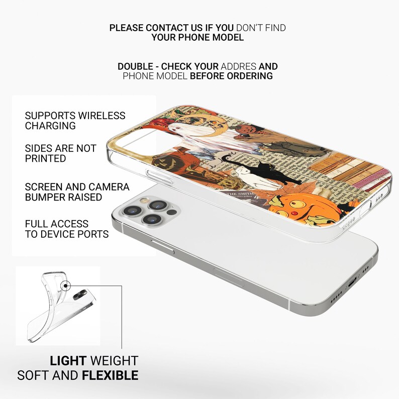 May include: A clear phone case with a Halloween-themed design featuring a collage of images including a ghost, a cat, a pumpkin, and vintage book pages. The case is compatible with wireless charging and has raised edges to protect the screen and camera.