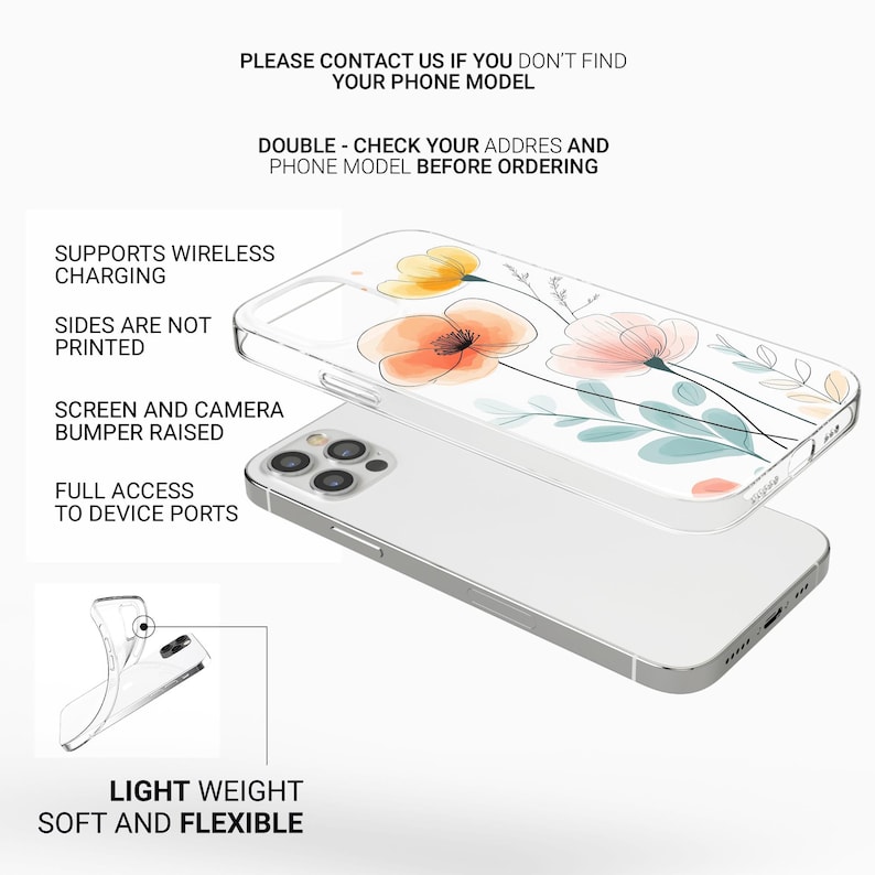 May include: A clear phone case with a floral design featuring orange, pink, and yellow flowers. The case is lightweight and flexible, with the text "LIGHT WEIGHT SOFT AND FLEXIBLE". The case supports wireless charging and has full access to device ports.