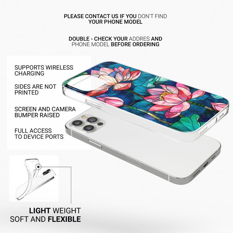 Op de afbeelding: Een transparante telefoonhoes met een kleurrijk bloemenontwerp met roze en blauwe lotusbloemen. De hoes is ontworpen om te passen op een smartphone met een verhoogde camerabult en heeft volledige toegang tot de apparaatpoorten. De hoes is lichtgewicht en flexibel.