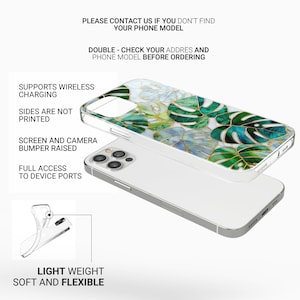 May include: Clear phone case with a green and gold leaf pattern. The case is shown with a white phone, and the text on the image says "Supports Wireless Charging", "Light Weight Soft and Flexible".