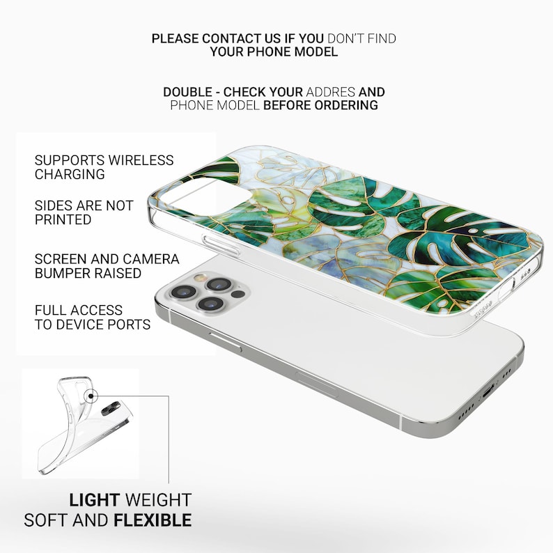 May include: Clear phone case with a green and gold leaf pattern. The case is shown with a white phone, and the text on the image says "Supports Wireless Charging", "Light Weight Soft and Flexible".
