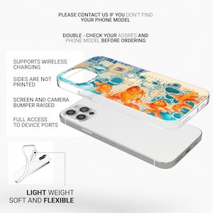 May include: A clear phone case with a colorful design of goldfish swimming in bubbles. The case is compatible with wireless charging and has a raised bumper to protect the screen and camera.