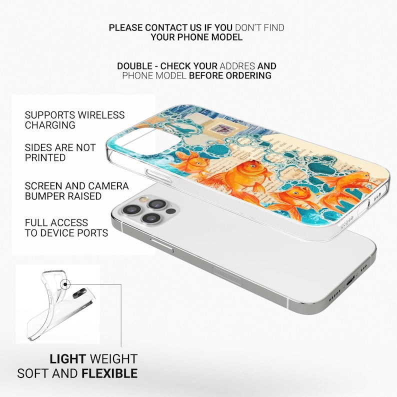 May include: A clear phone case with a colorful design of goldfish swimming in bubbles. The case is compatible with wireless charging and has a raised bumper to protect the screen and camera.