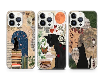 Black Cat Phone Case Aesthetic Collage cover fit for iPhone 17 16 15 14 13 12 Pro Max Xr Xs, Google Pixel 10 Pro XL 9 8 7 6, Samsung S26 S25