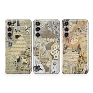Puede incluir: Tres fundas para teléfono con un collage de recortes de periódicos antiguos, ilustraciones florales y texto. Las fundas son beige con un borde marrón y tienen un recorte para la lente de la cámara.