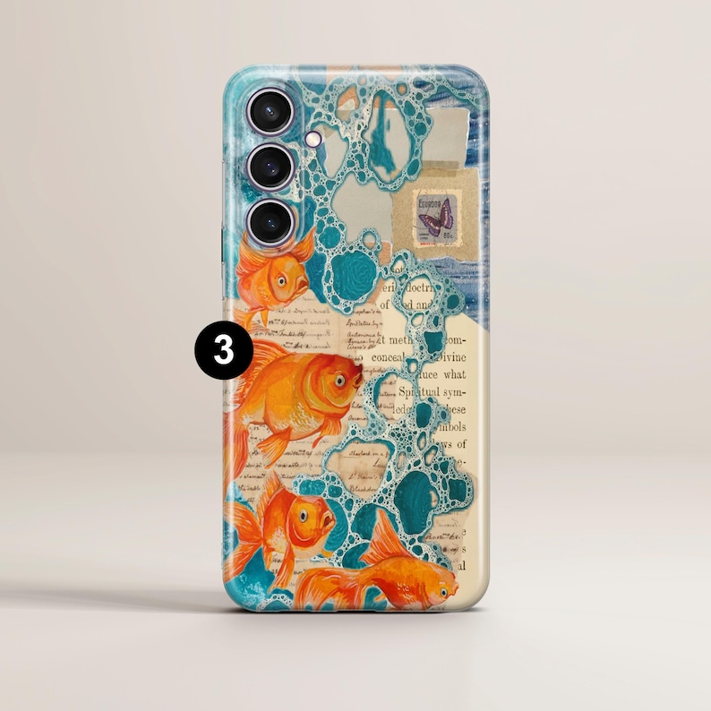 May include: A phone case with a blue and white background featuring gold fish and bubbles. The background also includes a vintage text overlay and a butterfly.
