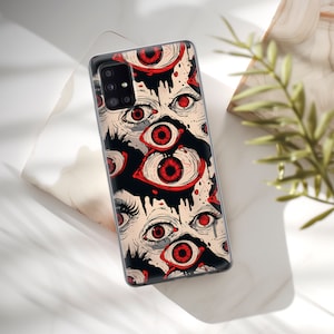 May include: A clear phone case with a pattern of red and black eyes. The eyes are dripping with black liquid.