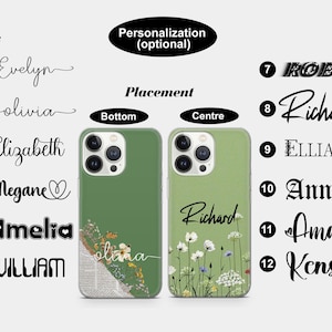 May include: Two green phone cases with floral designs and the name "Richard" in cursive. One case has the name "olivia" at the bottom. The image also shows different font styles and personalization options.