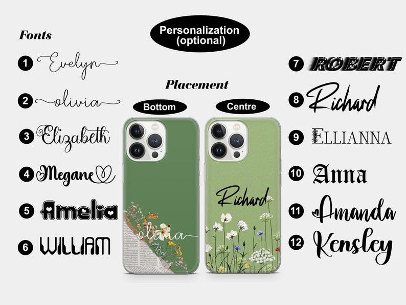 May include: Two green phone cases with floral designs and the name "Richard" in cursive. One case has the name "olivia" at the bottom. The image also shows different font styles and personalization options.